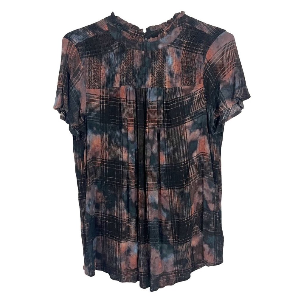 Torrid Brown & Black Tie-Dye Plaid Short Sleeve Smocked High Neck Top - Size 0X